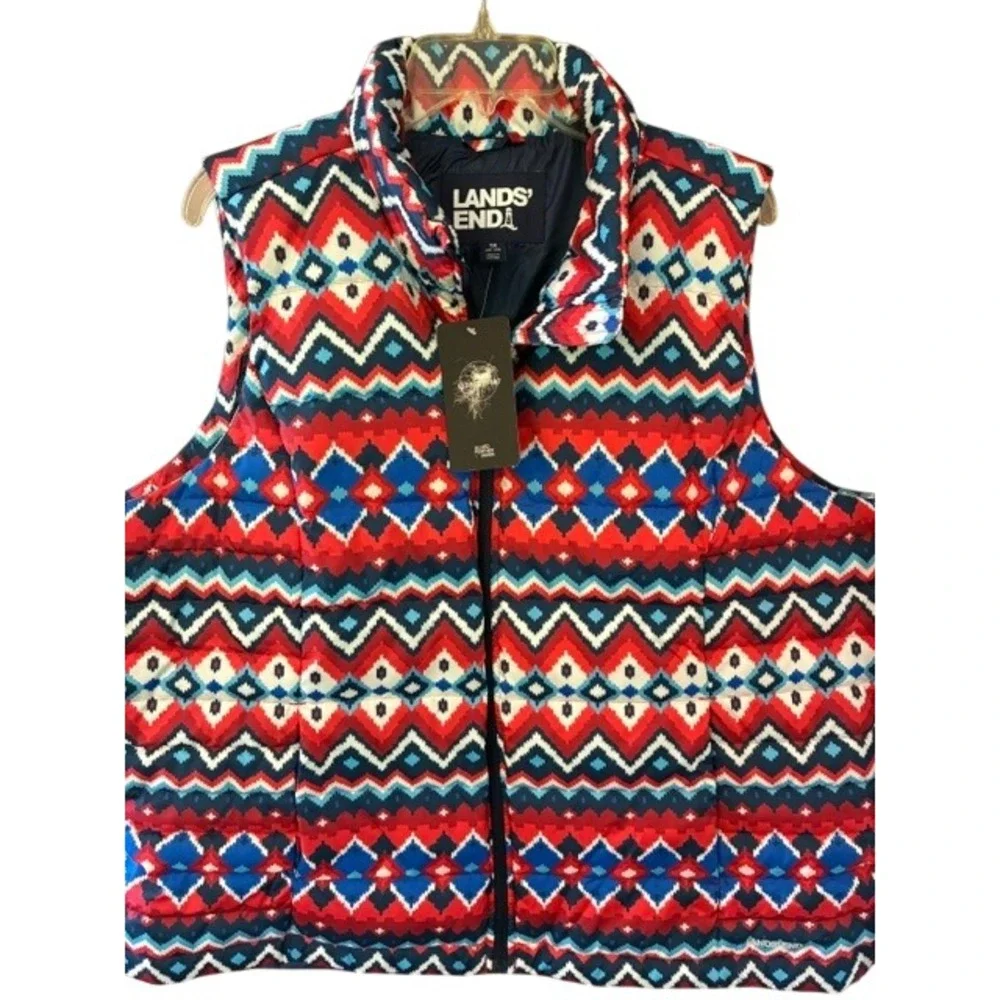 Lands' End Puffer Vest Women 1X Red Blue NWT 600 Fill‎ Power Down Fair Isle